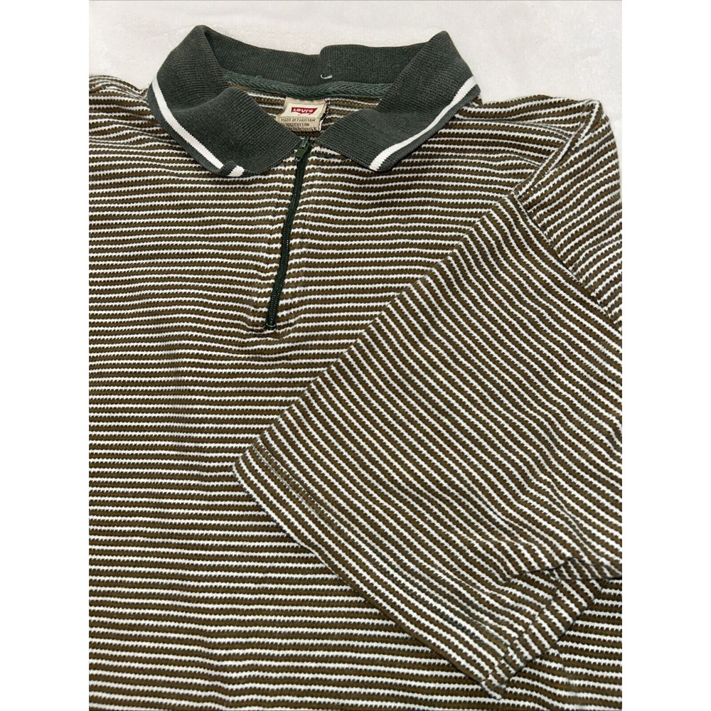 Vintage Levi's Quarter Zip Short Sleeve Policy Green/Brown/White‎ Horizontal
